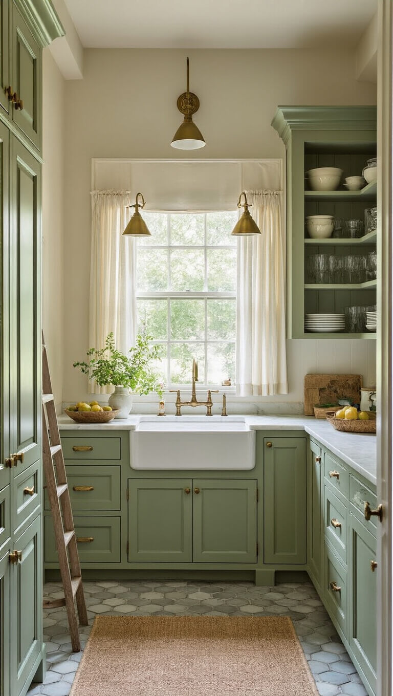 Close-up of a charming farmhouse-style butler's pantry with sage green cabinetry, antique brass sconces, vintage glassware on open shelves, and a marble countertop under soft afternoon light.