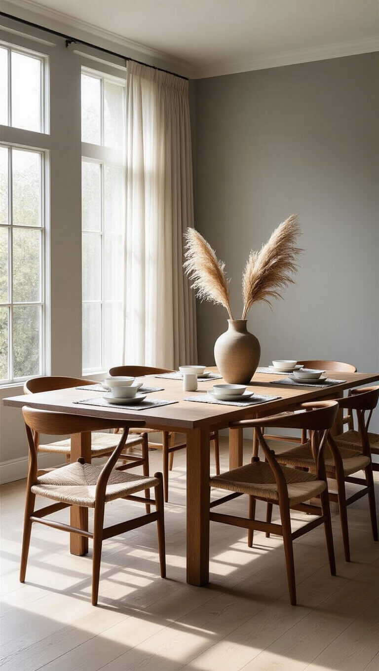 Japandi dining room with oak table, walnut chairs, and soft afternoon light filtering through sheer curtains.