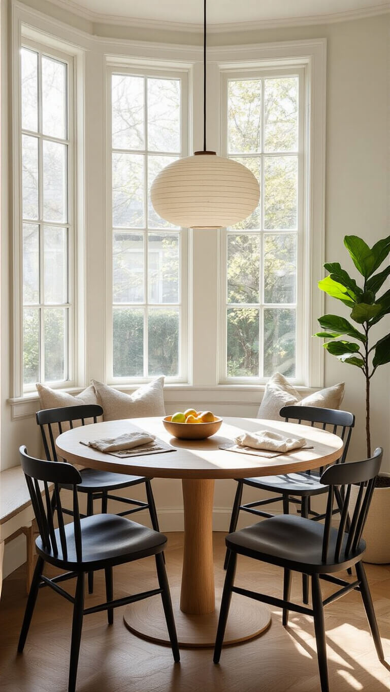 Top-down view of a cozy Japandi-style breakfast nook with a round ash wood table, four black chairs, early morning light through a bay window, and natural, airy decor elements.