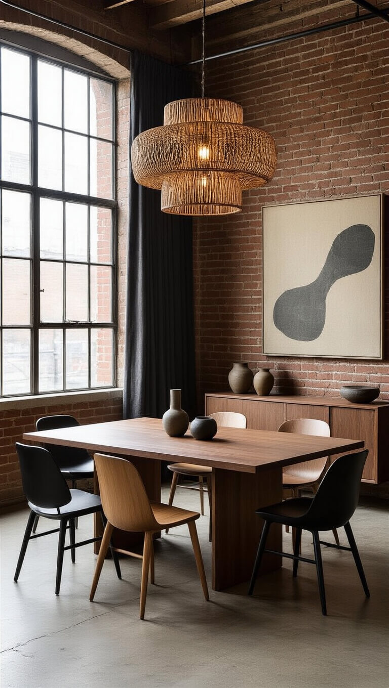 Japandi-style dining area in a loft with walnut table, mixed chairs, bamboo chandelier, exposed brick walls, and dusk light filtering through industrial windows.