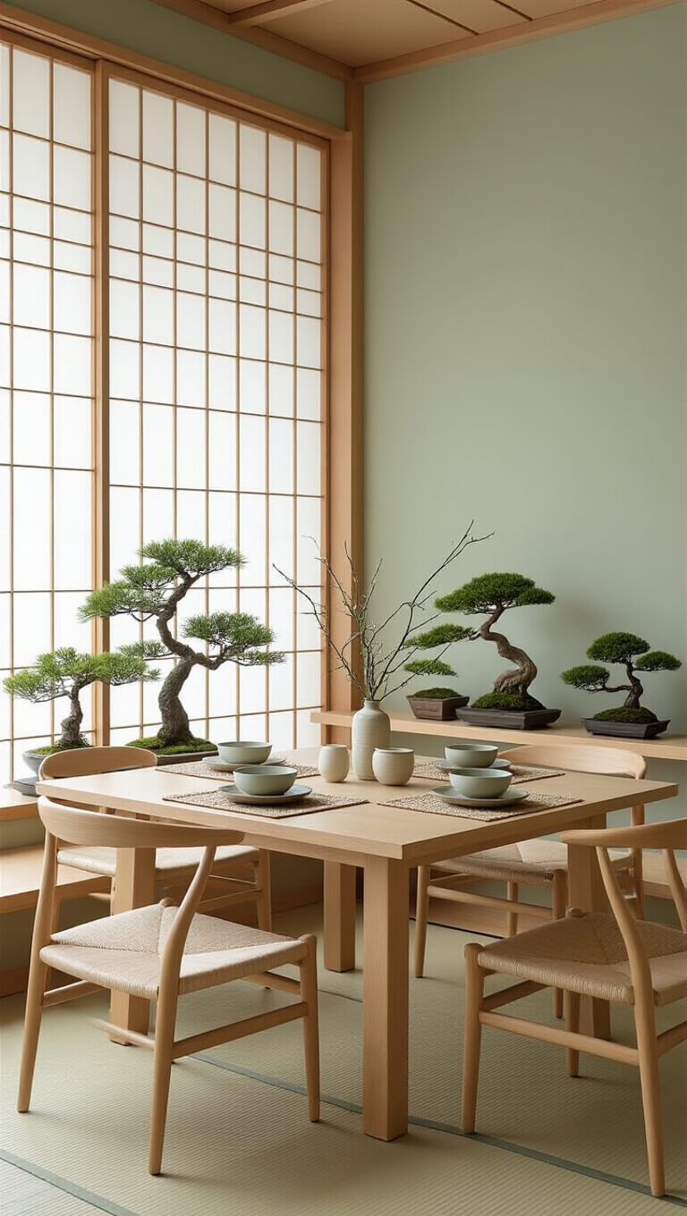 Japandi dining room with oak table and chairs, shoji screens, bonsai bench, and ikebana centerpiece in soft natural light.
