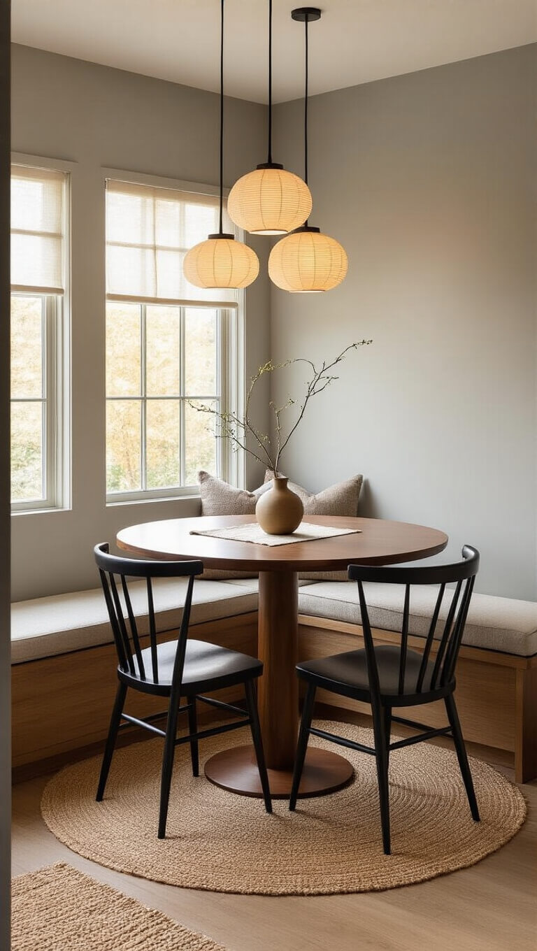 Cozy Japandi dining nook with walnut round table, black metal chairs, built-in bench, rice paper pendant lights, and golden hour lighting.