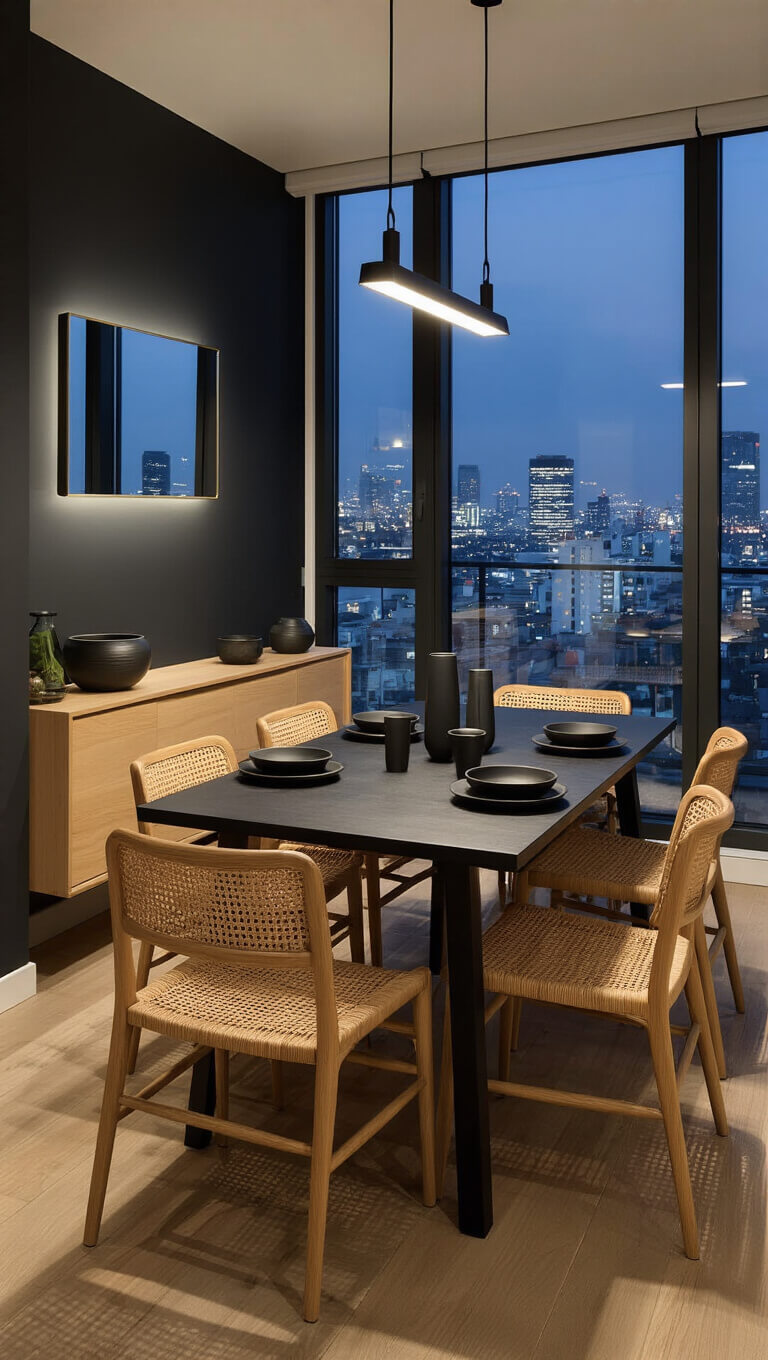 Modern Japandi dining area with dark oak table, rattan-back chairs, and city lights visible through floor-to-ceiling windows at dusk.