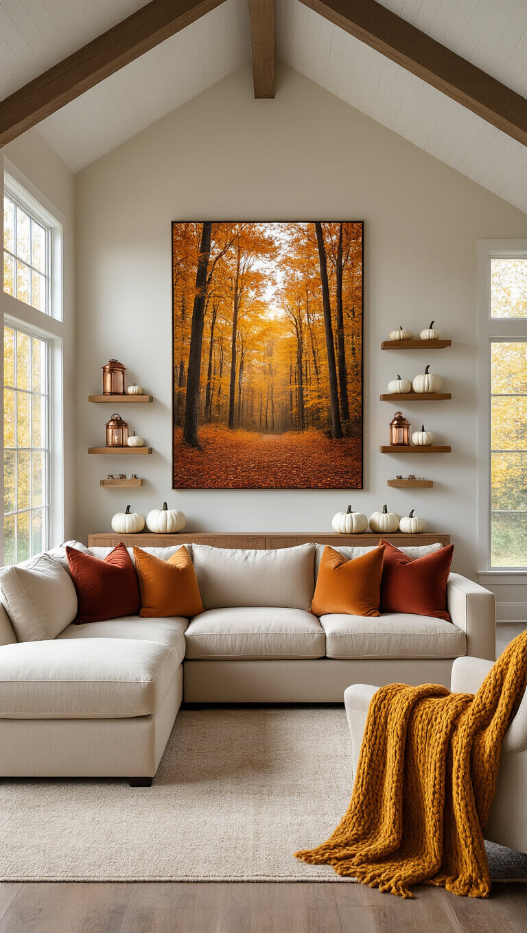 Cozy living room with vaulted ceilings, beige sectional, autumn-themed decor, and warm afternoon light.