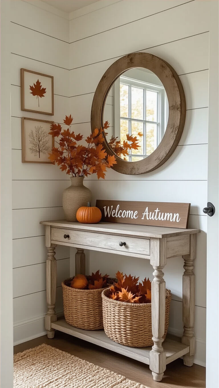 Low-angle view of a cozy entryway with creamy shiplap walls, distressed wood console, round mirror, fall decor, and soft morning light.