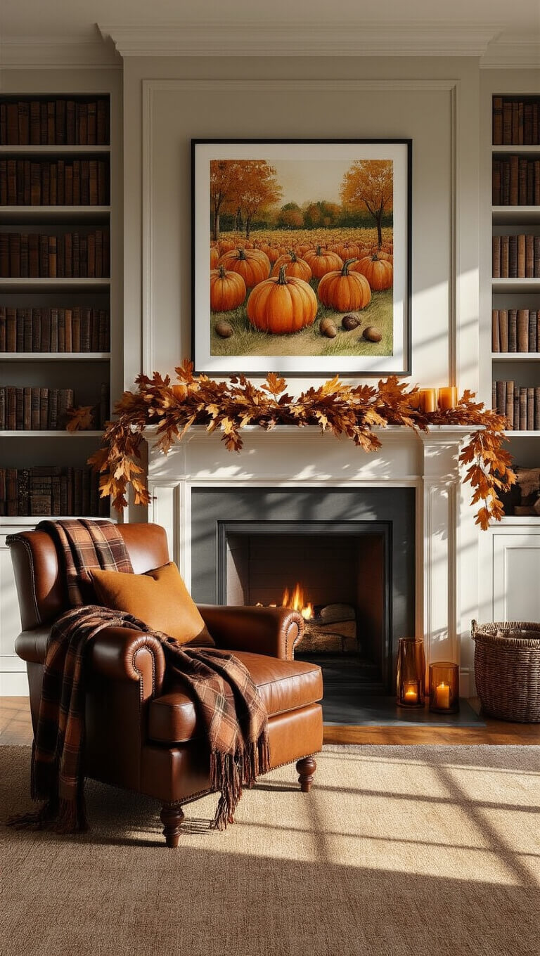 Cozy 10'x10' living room corner with floor-to-ceiling bookshelves, a leather reading chair facing a fireplace, autumnal plaid throw, oak leaf garland on mantel, pumpkin patch watercolor above, and warm afternoon light casting shadows.
