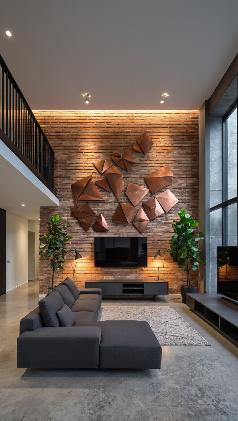 High-angle view of a modern open-concept living room with concrete floors, brick feature wall, charcoal sofa, geometric copper and brass wall art, and moody lighting from minimalist floor lamps.