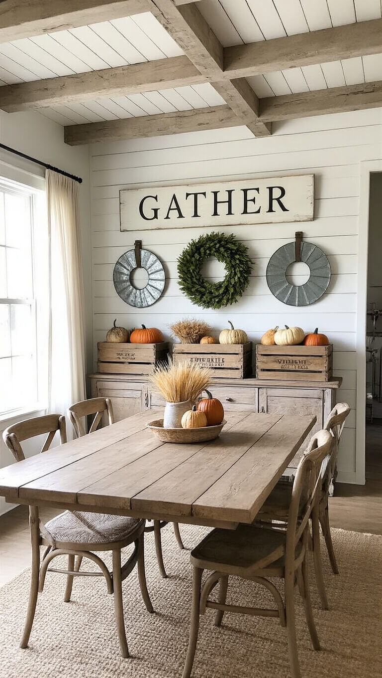 Farmhouse dining room with ‘Gather’ sign on focal wall, flanked by metal wreaths with dried florals, vintage crates holding pumpkins, and sunlight filtering through sheer curtains.
