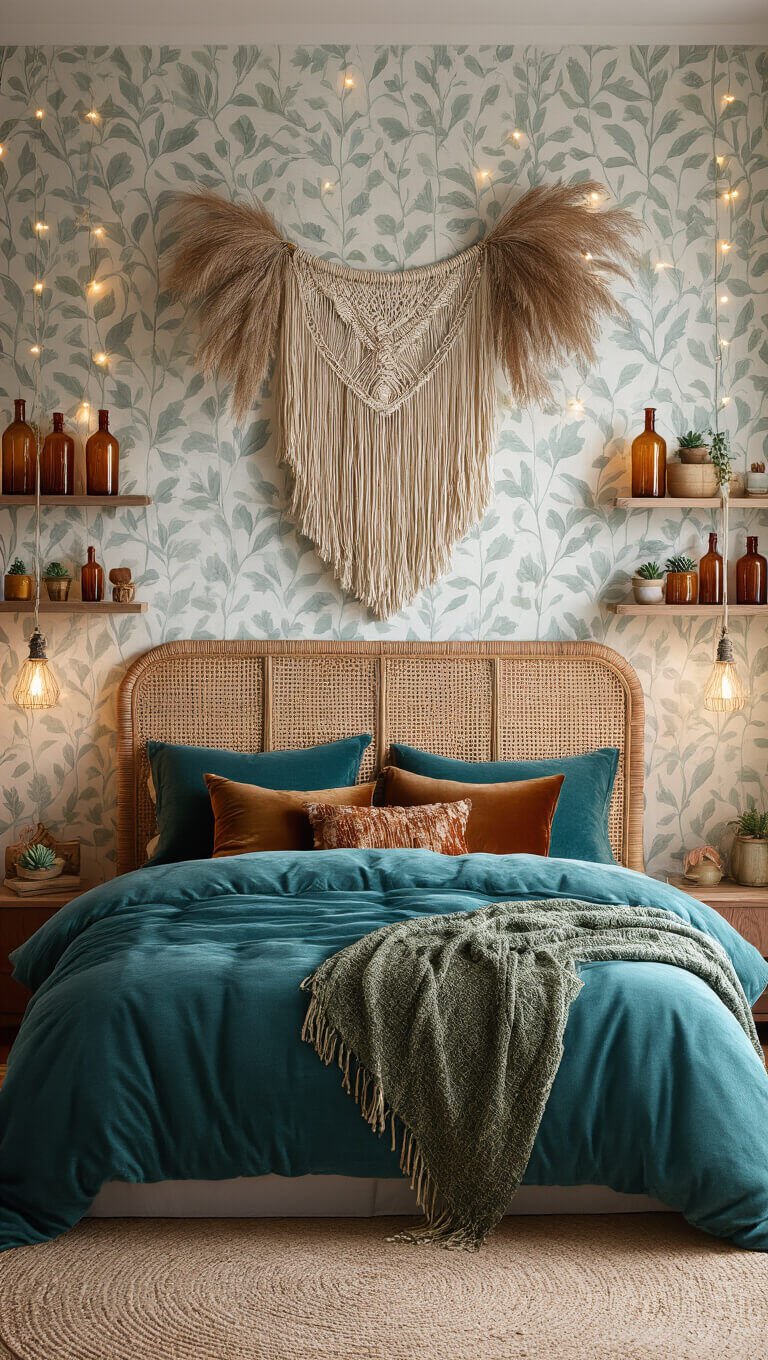 Bohemian bedroom with rattan headboard, jewel-toned velvet pillows, macramé wall hanging with pampas grass, and vintage amber bottles on floating shelves, lit by string lights.