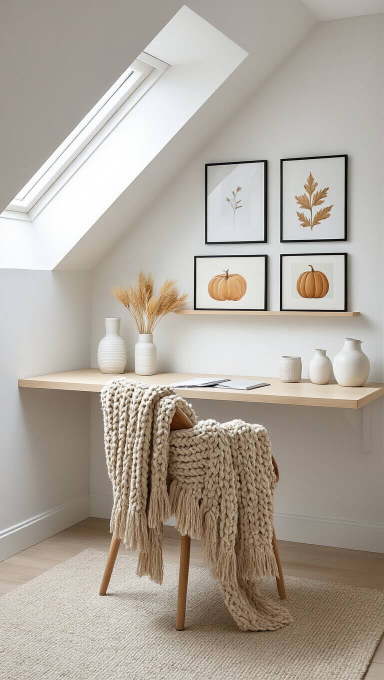 Scandinavian-style home office nook with floating birch desk, minimalist autumn art prints, white vases with dried wheat, and cozy knit throw on chair.