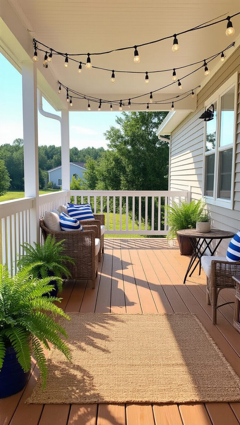 Sunlit 12x16 ft mobile home deck with cedar-stained wood, wicker seating with blue and white cushions, potted plants, string lights, bistro set, and jute rug, viewed from yard on a clear summer day.