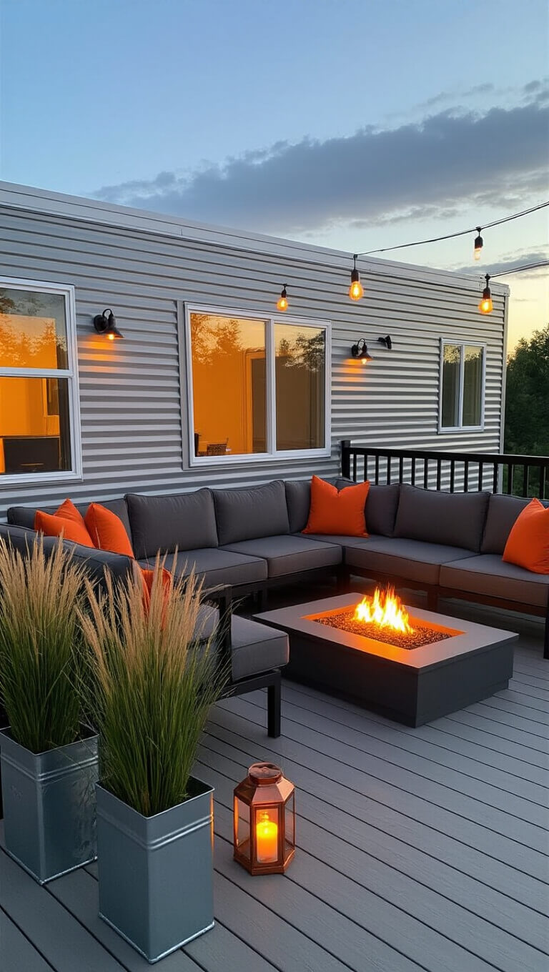 Cozy prefab deck at dusk beside silver mobile home, featuring grey composite decking, black railings, a charcoal sectional with orange pillows, copper lanterns, ornamental grasses, and a glowing fire pit.