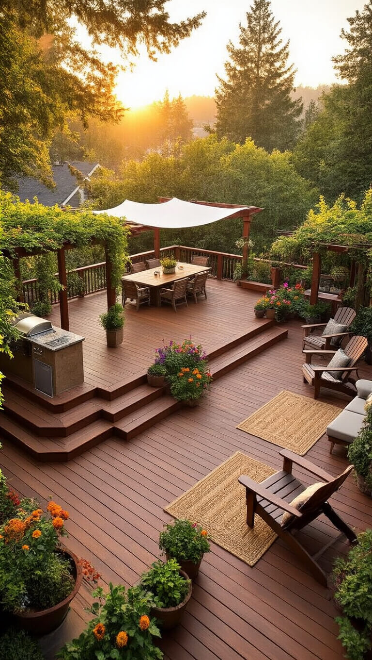 Elevated view of a multi-level 20x24 ft redwood deck at golden hour with dining area under a pergola, lower lounge with Adirondack chairs, container gardens, built-in barbecue, and textured rugs defining each space.