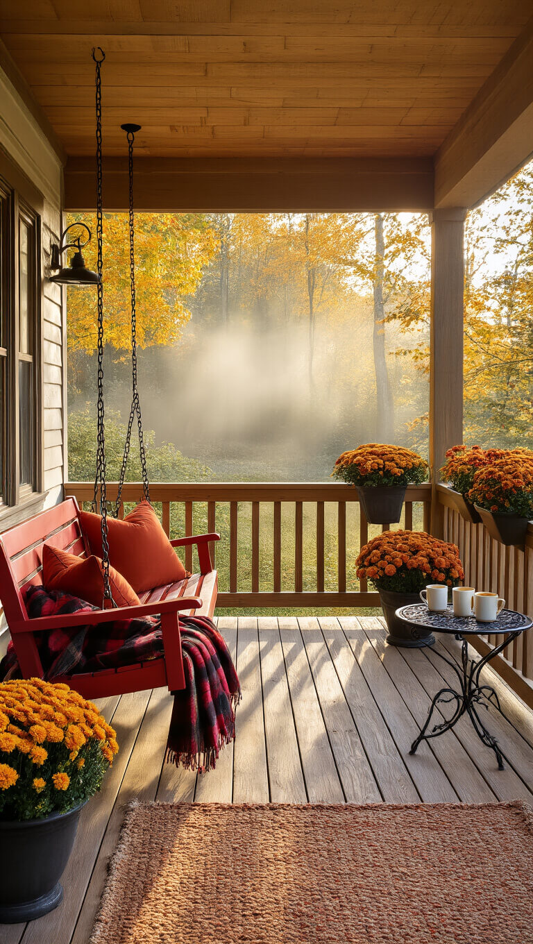 Cozy cedar deck on autumn morning with red porch swing, plaid blankets, steaming coffee, and potted mums in soft misty sunlight.