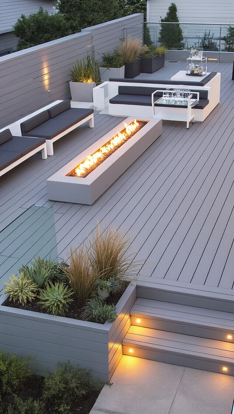 Modern 14x18 ft composite deck at twilight with glass railings, fire table, contemporary lounge seating, sculptural planters, and ambient LED lighting.