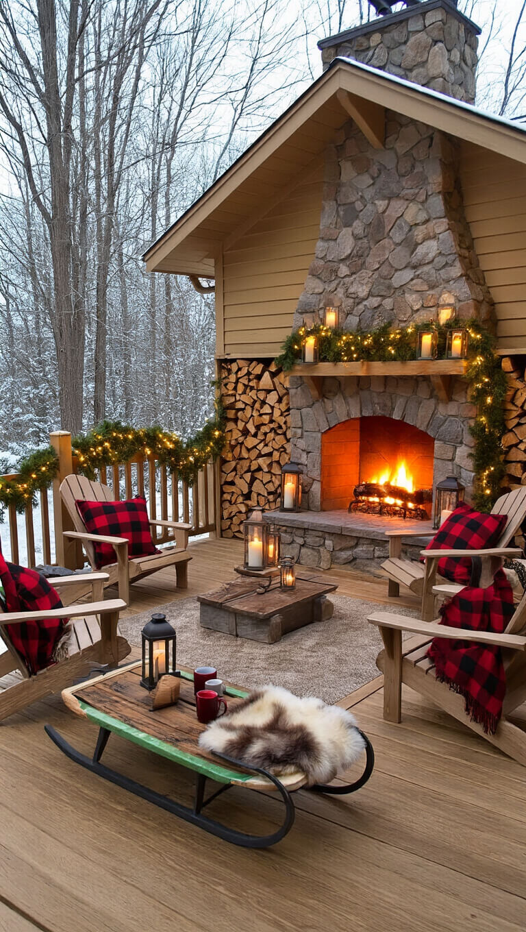 Rustic winter deck with stone fireplace, snow-dusted pine, plaid chairs, fairy lights, and hot cocoa on a vintage sled.
