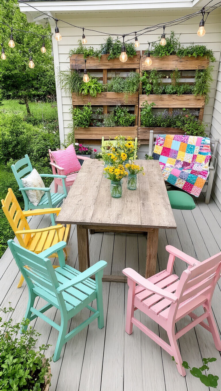 Budget-friendly 12x14 ft spring deck with pastel chairs, rustic table, wildflowers in mason jars, vertical pallet garden, porch swing with quilt, and solar string lights in a garden setting.