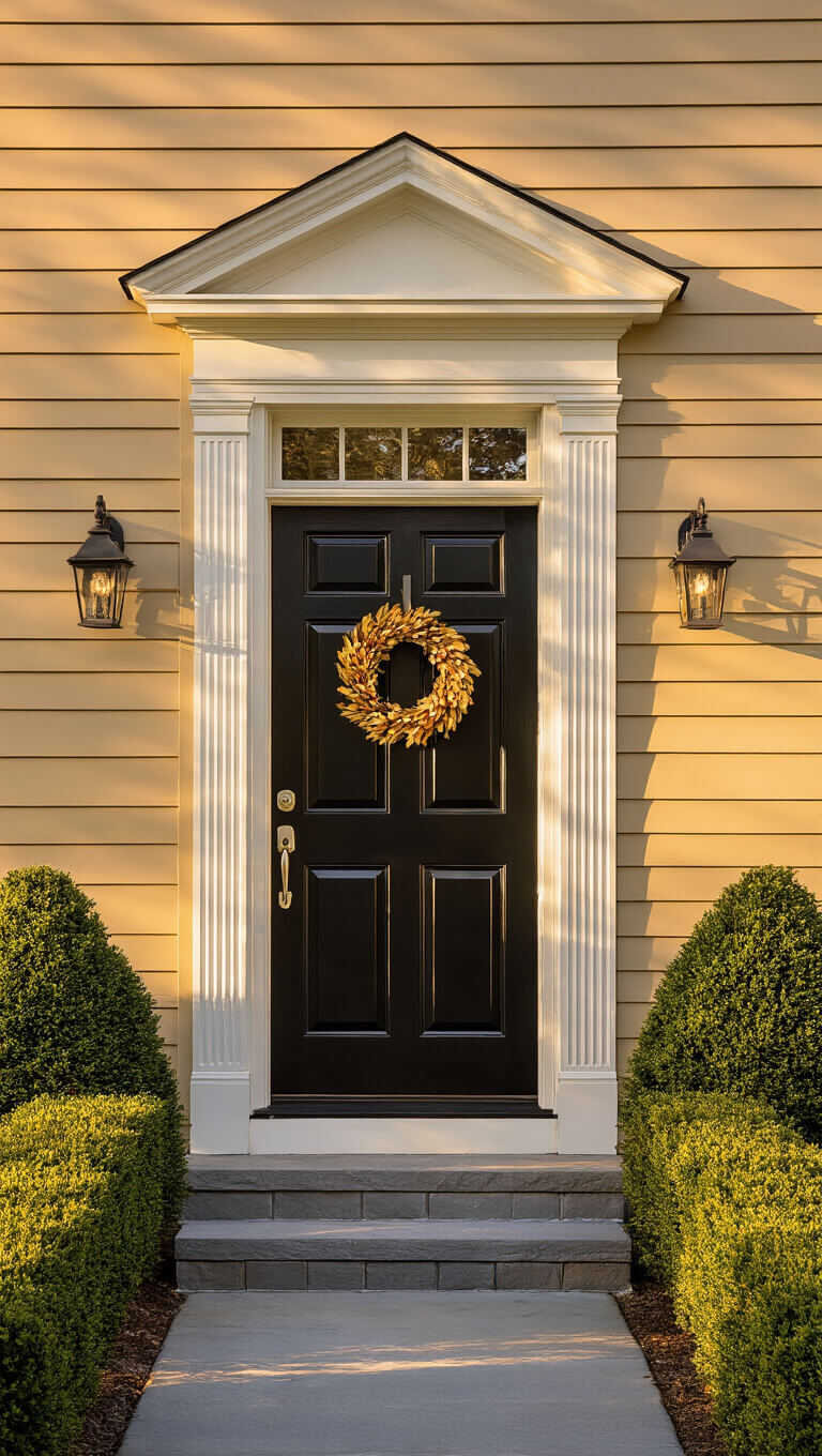 Low-angle view of a grand tan colonial house at golden hour, featuring a glossy black front door with sleek hardware, flanked by manicured boxwood shrubs and a colorful seasonal wreath.