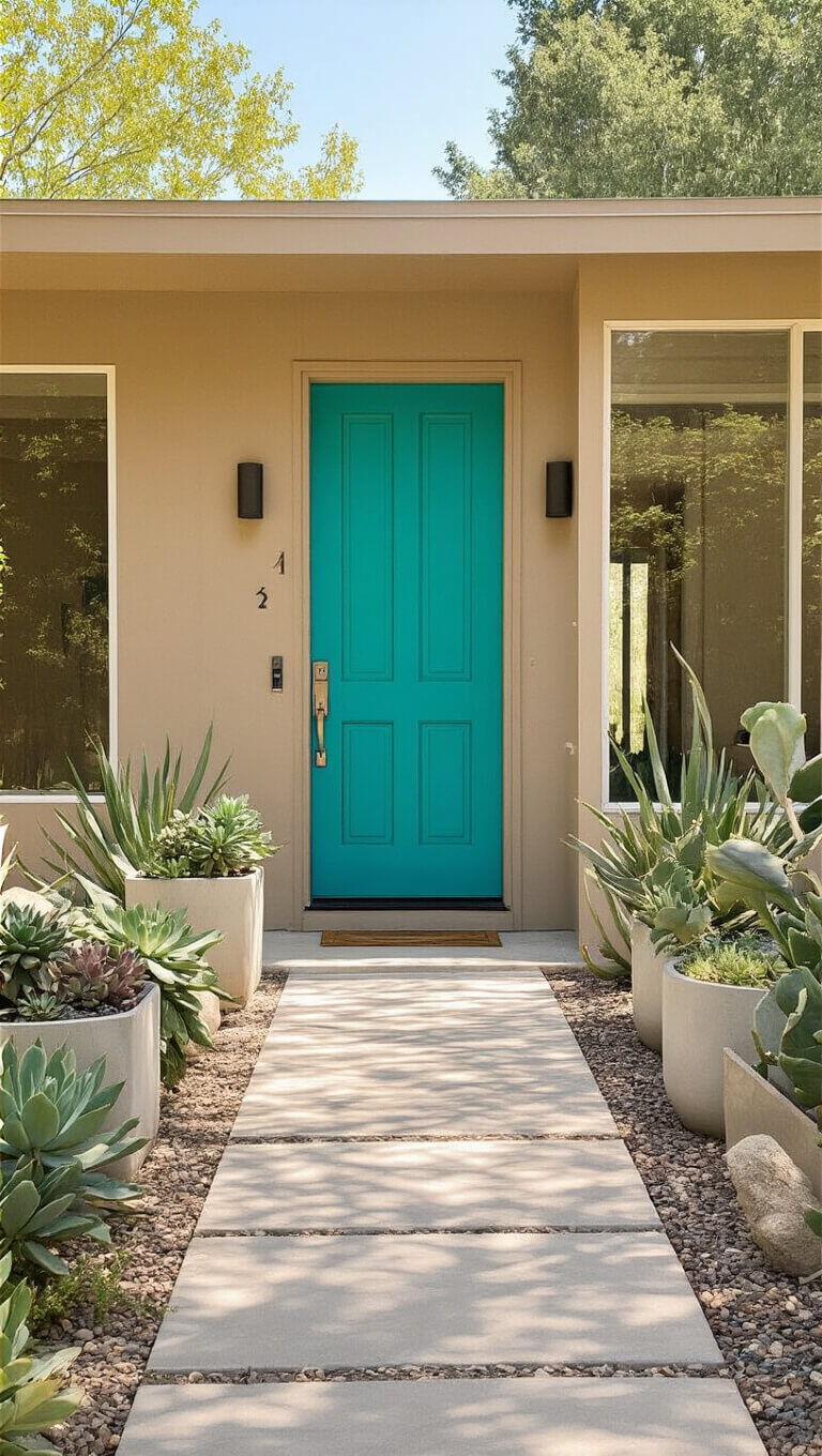 Mid-century modern tan ranch house with vibrant teal front door, surrounded by succulents in modern planters and bright midday lighting.
