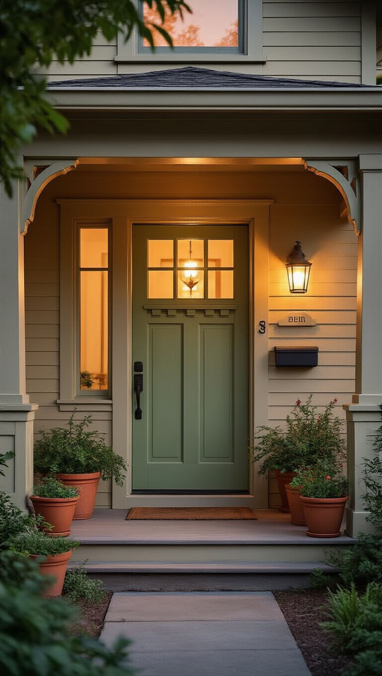 Craftsman-style tan bungalow at dusk with sage green front door, warm porch lighting, terracotta pots, and detailed woodwork.