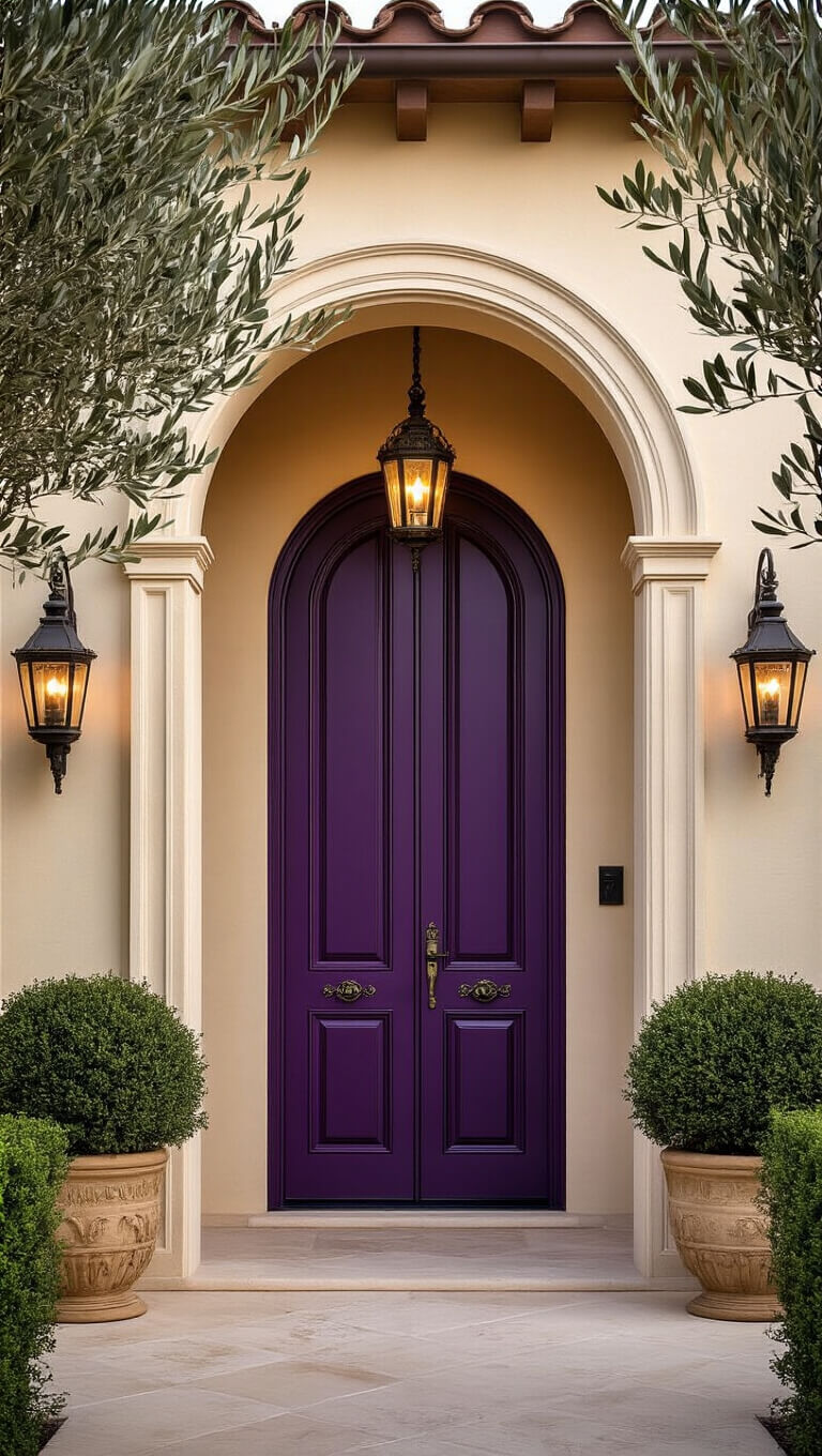 Elegant tan Mediterranean villa with arched deep purple front door, wrought iron accents, lantern lighting, and potted olive trees in late afternoon light.