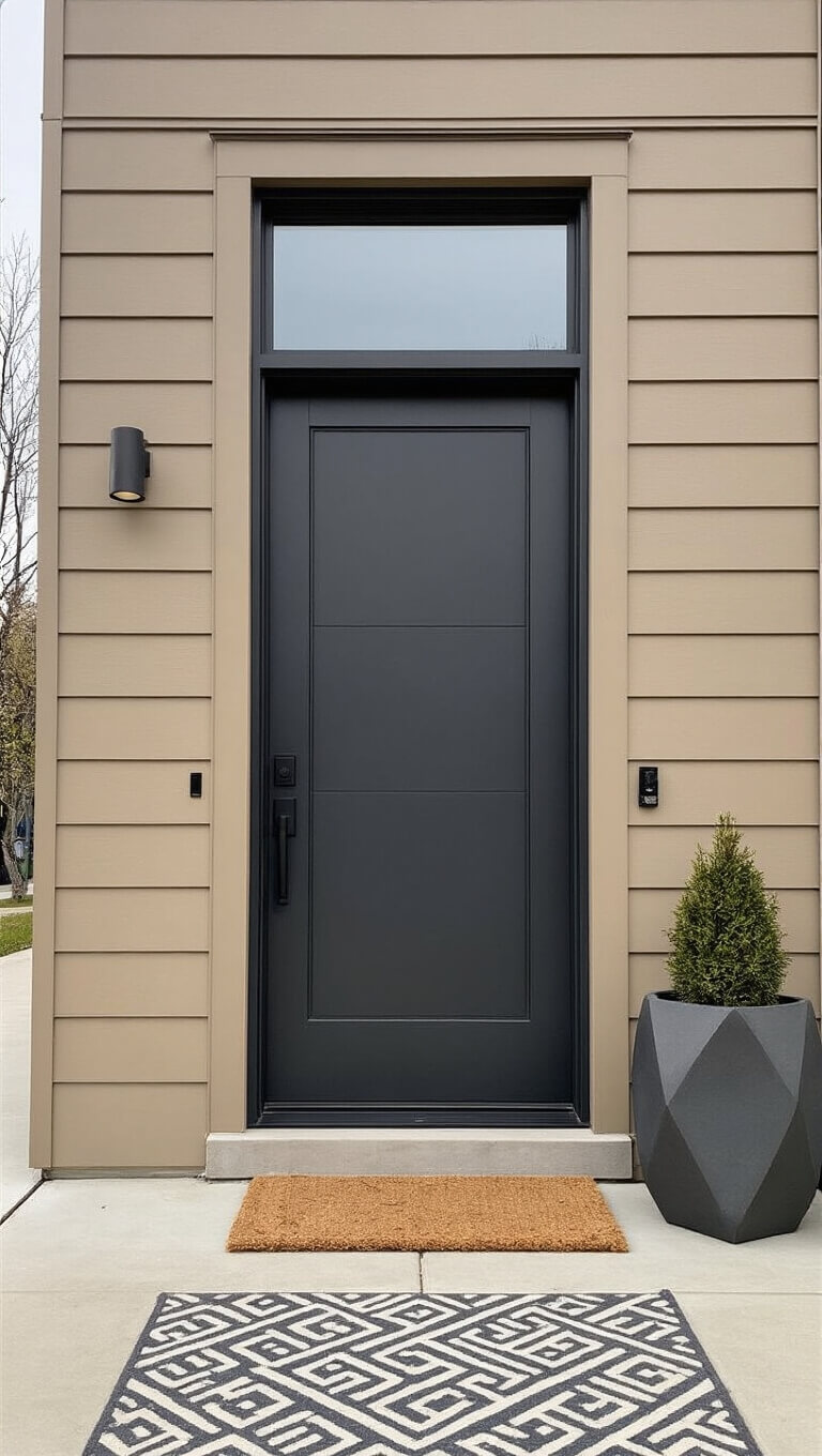 Close-up of a modern tan townhouse with a charcoal front door, minimalist hardware, geometric doormat, and sculptural planter on a cloudy day.