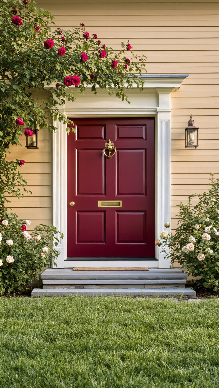 Traditional tan farmhouse at sunrise with a burgundy front door, framed by dewy grass, climbing roses, and antique brass hardware.
