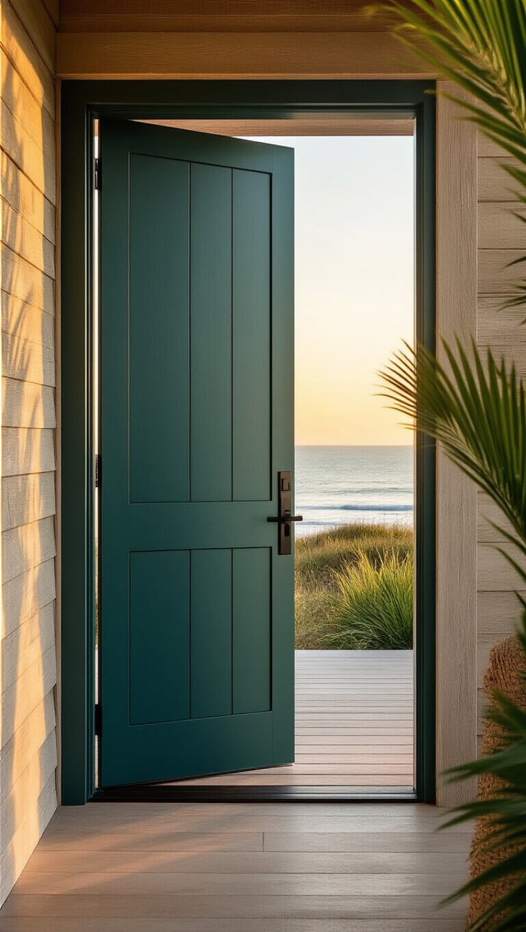 Modern tan beach house at sunset with deep green-blue front door, coastal view, palm shadows, and weathered wood accents.