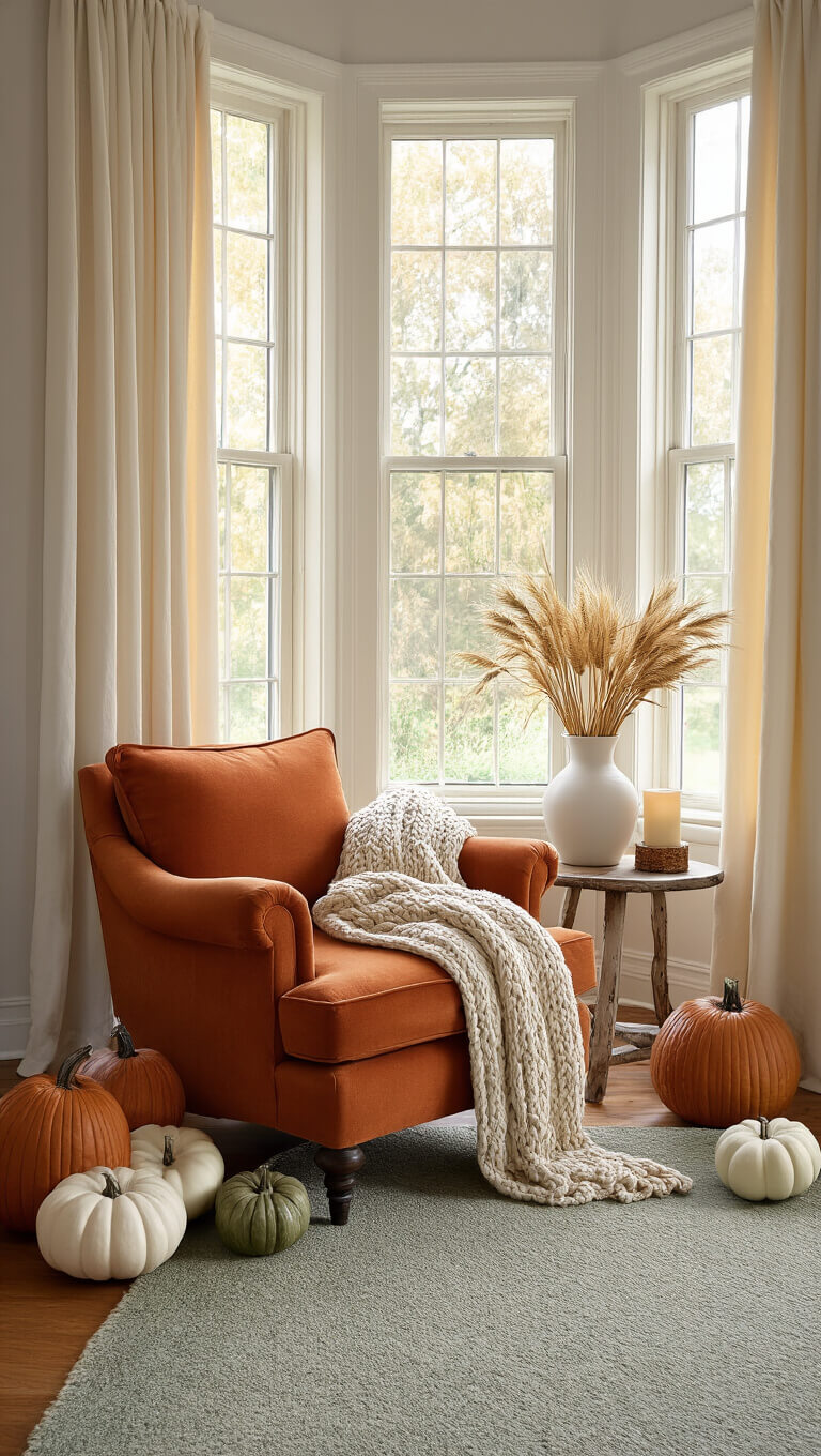 Cozy living room corner with a burnt orange armchair, dried wheat decor, faux pumpkins, and warm light streaming through a bay window with cream curtains.