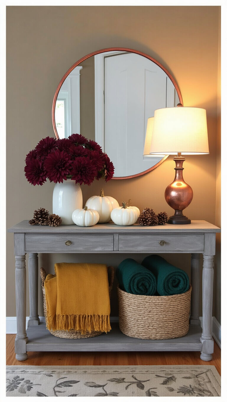 Cozy twilight entryway with a weathered gray vintage console table, copper-framed mirror, autumnal decor, and warm ambient lighting.