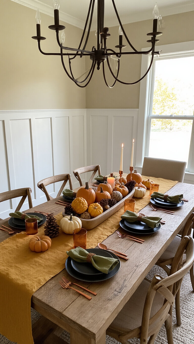 Autumn-themed dining table set for a feast with mini pumpkins, candles, copper cutlery, and wooden chairs, bathed in golden hour light.