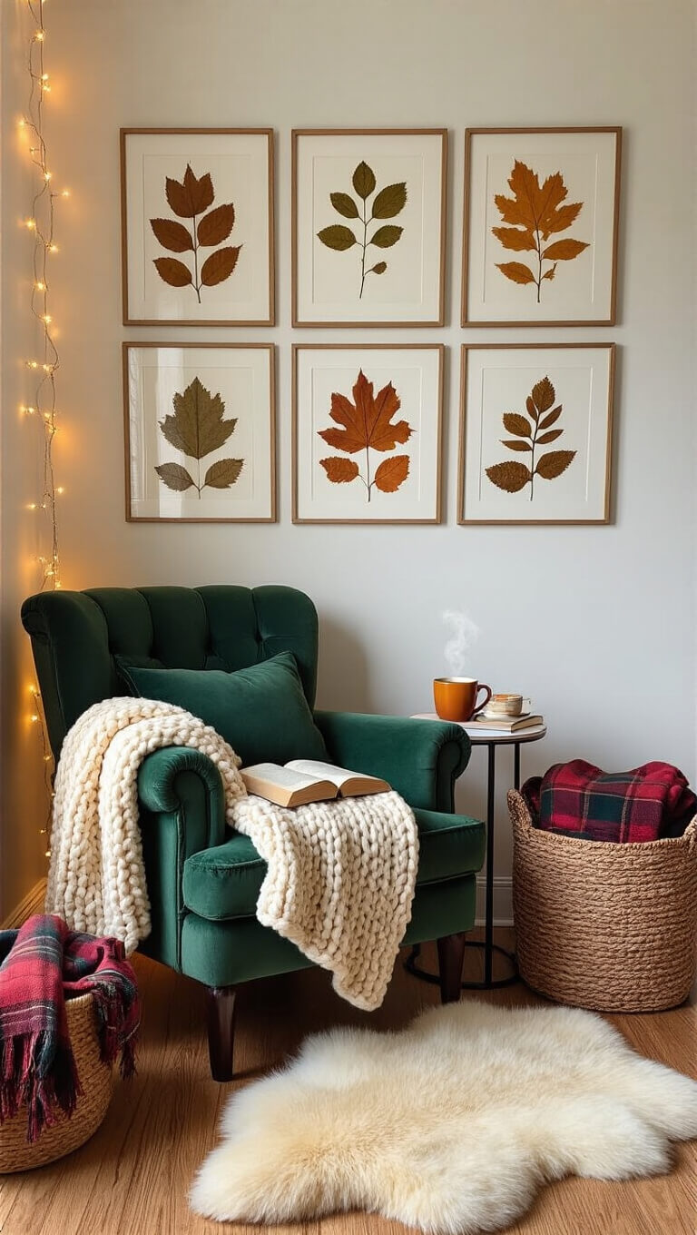 Cozy fall bedroom nook with green velvet armchair, cream knit throw, autumn leaf gallery wall, steaming tea, and warm lighting.