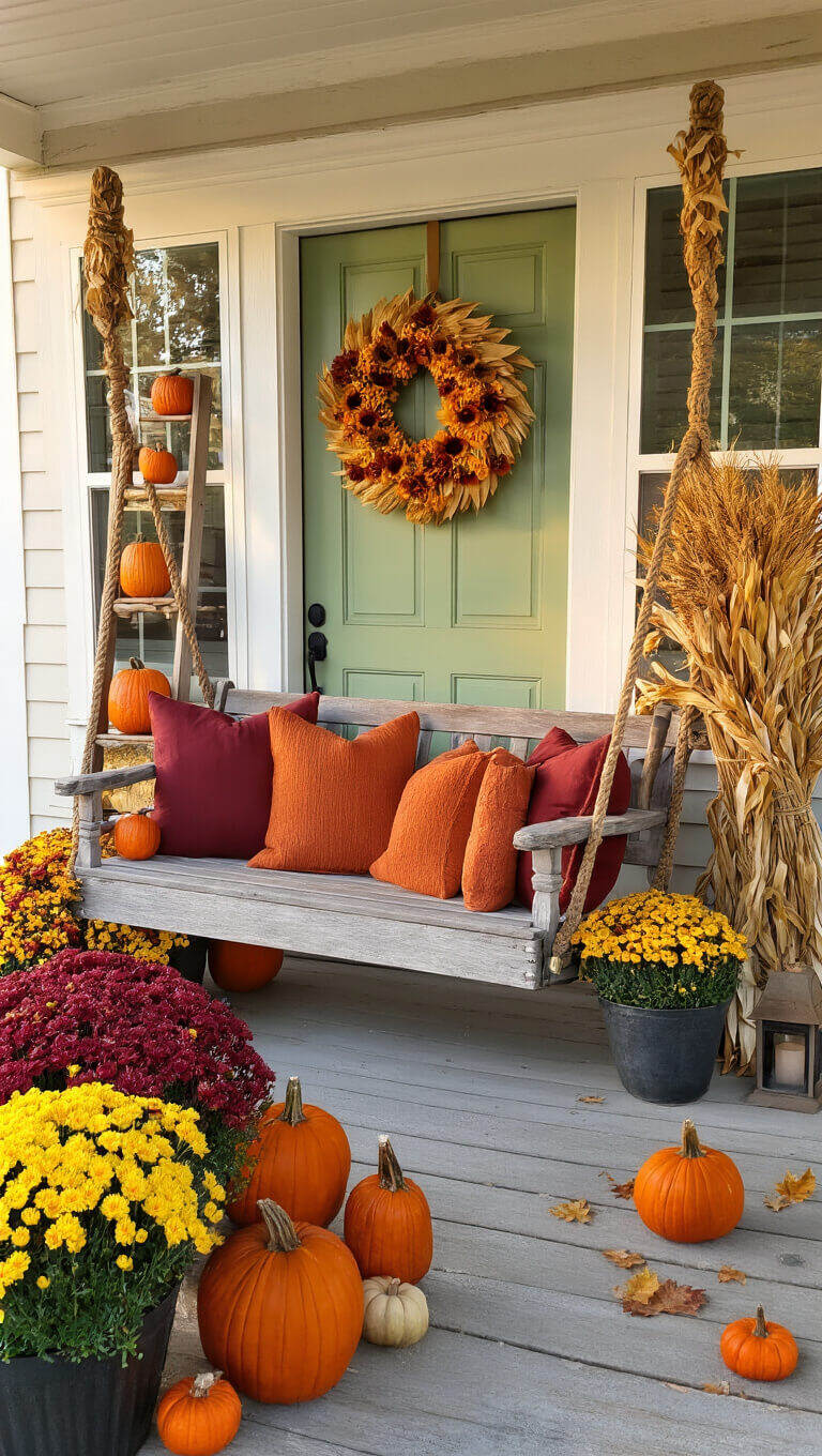 Rustic fall-themed front porch at golden hour with a wood swing, pumpkins on a vintage ladder, potted mums, a sage green door with a harvest wreath, lanterns, and a jute rug.