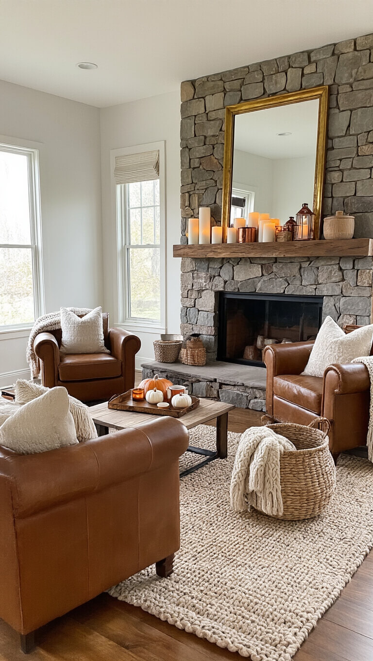 Cozy living room at dusk with stone fireplace, leather armchairs, warm lighting, and autumn decor.