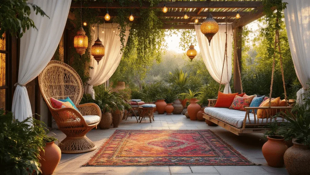 "Whimsical bohemian patio during golden hour with vintage furniture, Moroccan lanterns, and a pallet swing bed draped with soft textiles."