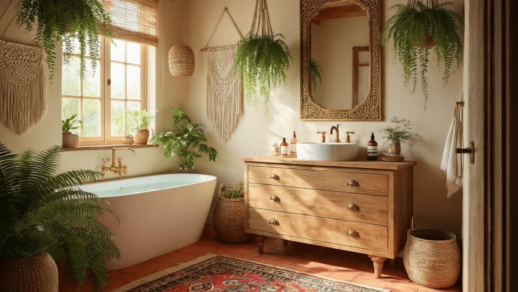 "Boho-chic bathroom interior with wooden vanity, brass mirror, macrame hangings, hanging ferns, Moroccan rug, and warm afternoon lighting."