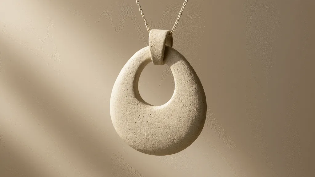 "Handcrafted asymmetrical clay pendant in muted beige, featuring a textured surface and emitting a soft diffused, warm glow, embodying a Zen minimalist style and wabi-sabi philosophy."