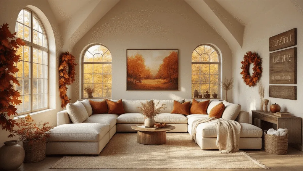 "Cozy autumn living room with high vaulted ceiling, warm afternoon light illuminating beige sectional sofa and fall decor."