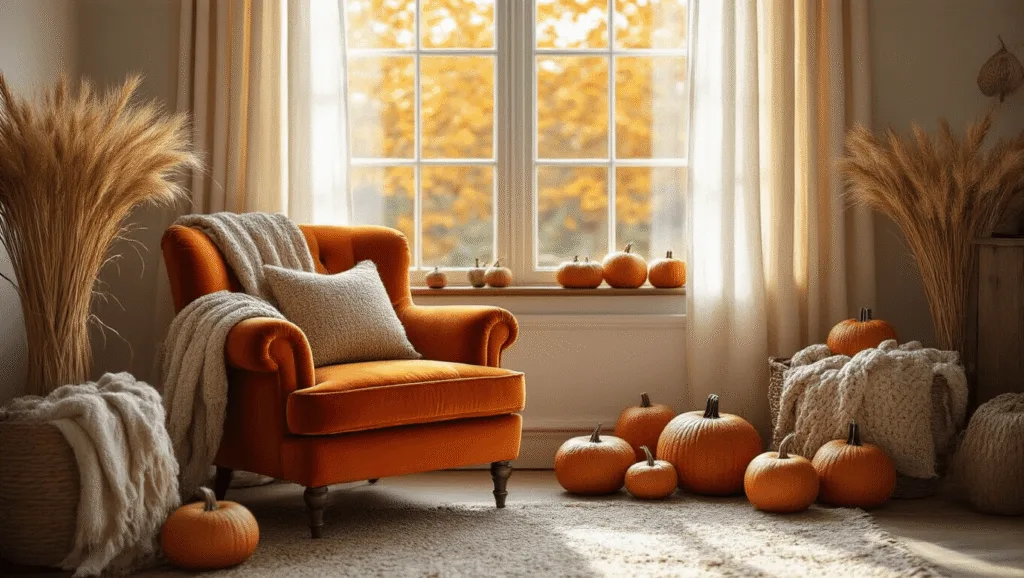 "Cozy autumn living room with burnt orange armchair, dried wheat, pumpkins, warm window light, textured throws and rustic elements"