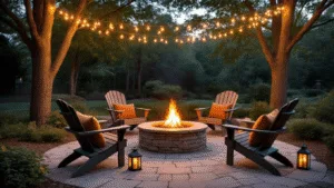 "Cozy backyard at dusk with a stone fire pit, Adirondack chairs, string lights, lanterns, outdoor cushions, and lush landscaping"