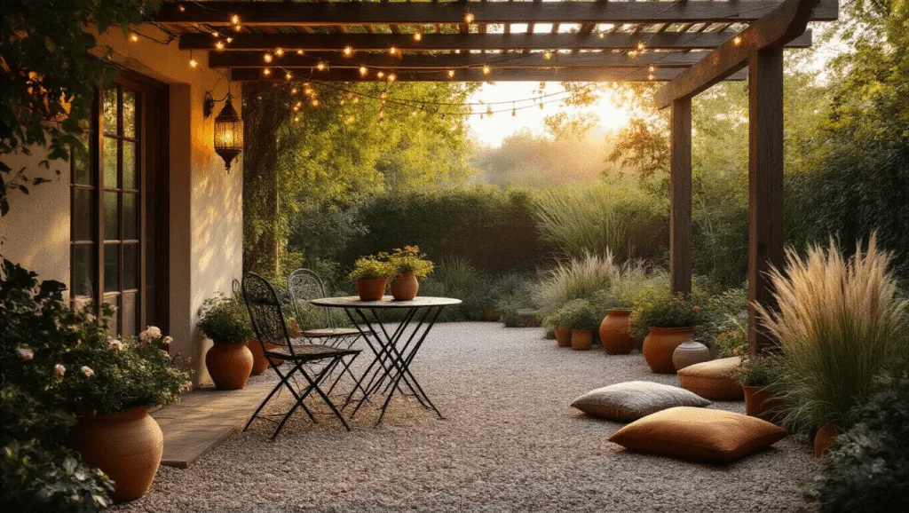 "Cozy backyard patio with vintage bistro set, string lights, and Moroccan decor at golden hour"