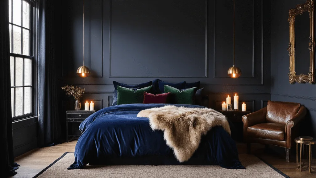 "Cozy, dark bedroom with navy velvet duvet, faux fur throw, brass accents, warm candlelight, and textured pillows in a moody atmosphere"