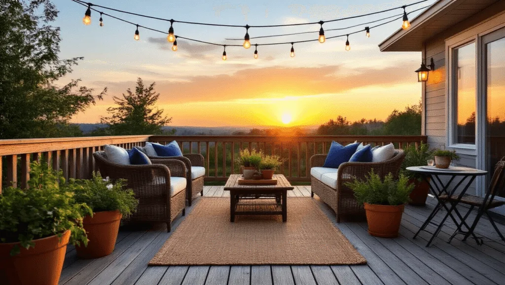 "Warm sunset view of a wooden deck with wicker furniture, blue cushions, potted plants, and string lights creating a cozy atmosphere"
