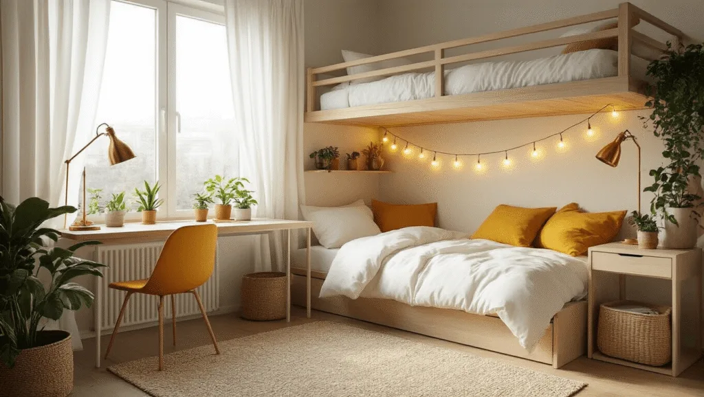 "Lofted bed in a cozy dorm room with natural light, white bedding, string lights, mustard yellow accents, minimalist desk with copper lamp, and potted plants on floating shelves"