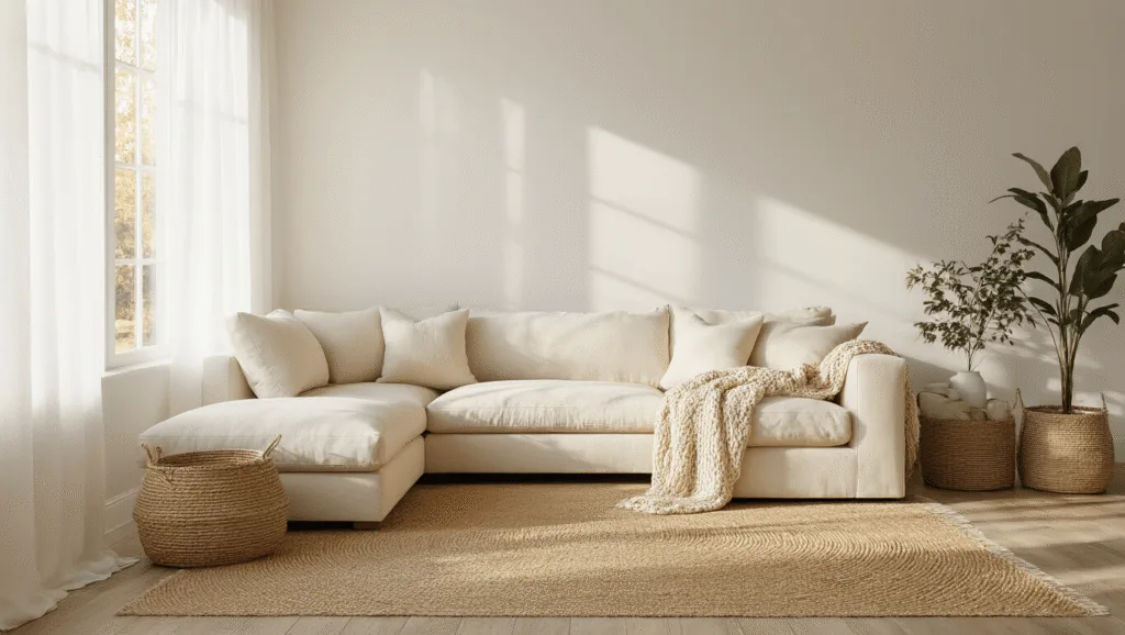 "Cozy living room with cream sectional, natural jute rug, and woven baskets in warm neutral palette with natural light and textured layers"