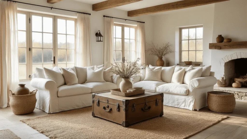 "Cozy farmhouse living room featuring plush ivory sofa, vintage trunk coffee table, stone fireplace, and rustic wooden accents in golden hour lighting."