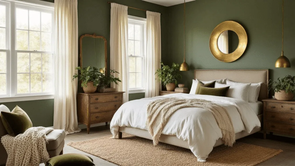 "Dark sage green bedroom with vintage furnishings, king-sized bed, brass accents, and afternoon light shining through curtains"