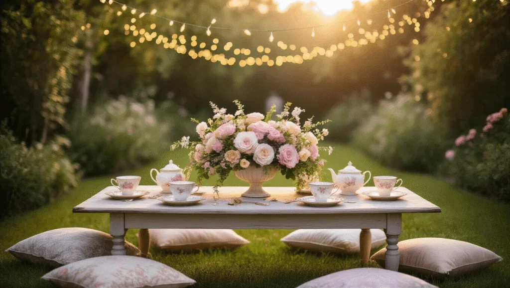 "Vintage garden party setup with floral centerpiece, teacups, fairy lights and cushions under a golden light"