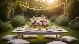 "Vintage garden party setup with floral centerpiece, teacups, fairy lights and cushions under a golden light"