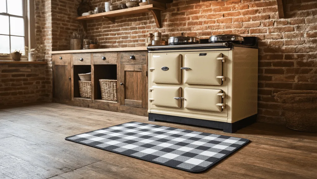 "Cozy farmhouse kitchen with buffalo check mat, vintage cream Aga stove, and exposed brick walls"